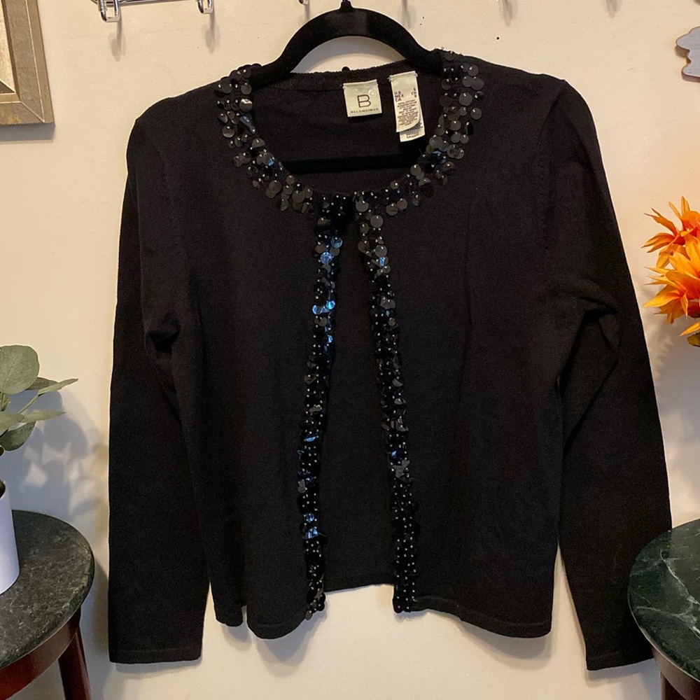 Belongings Black Sweater Sz S w/sequined neckline & front Opening.